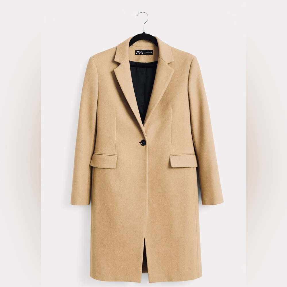 ZARA Premium Monteco Camel Wool Blend Coat Size L Quiet Luxury - Picture 3 of 9